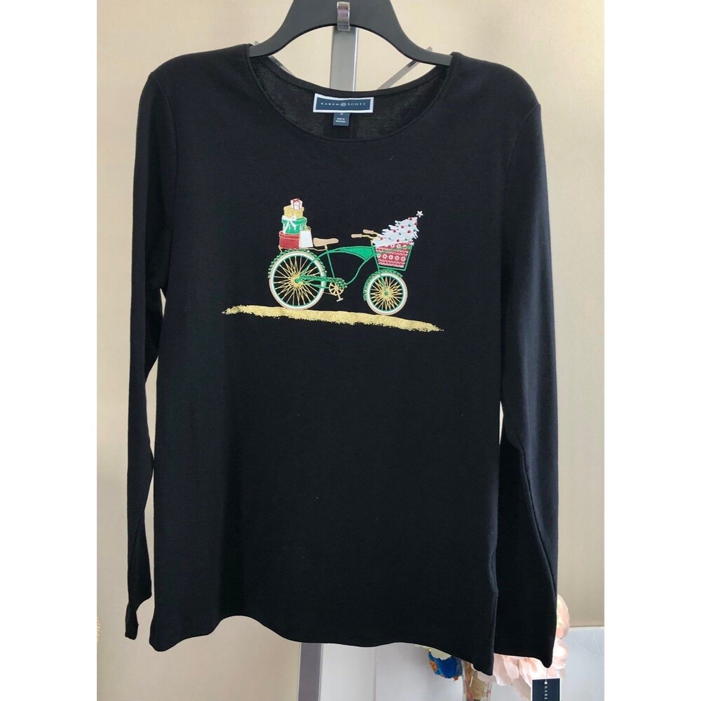 Karen Scott t-shirt ugly top Karen Scott size MEDIUM crew neck log sleeves Black
